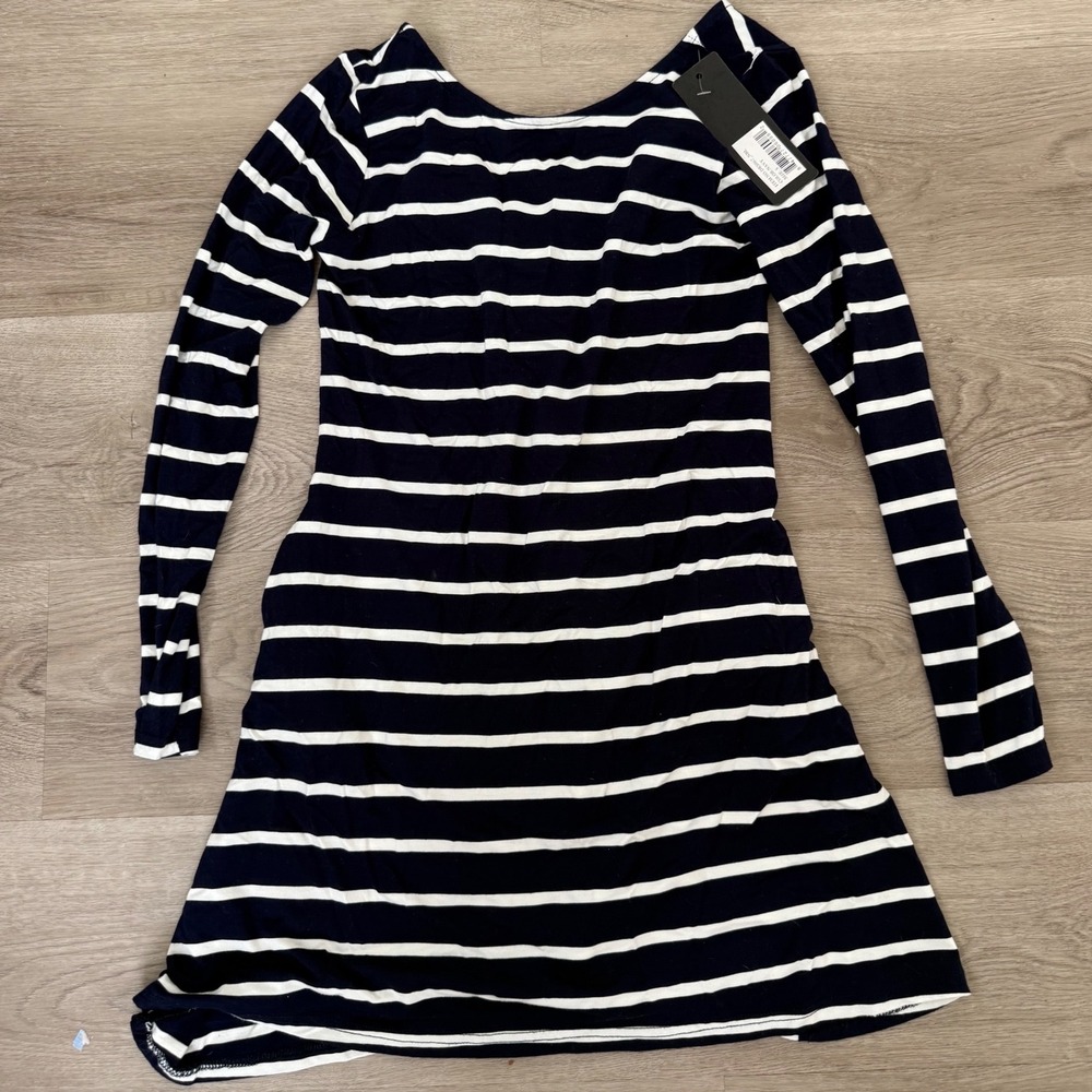 Yelete Navy Blue White Striped Long Sleeve V-Back Mini Dress DRS067_NBL Small